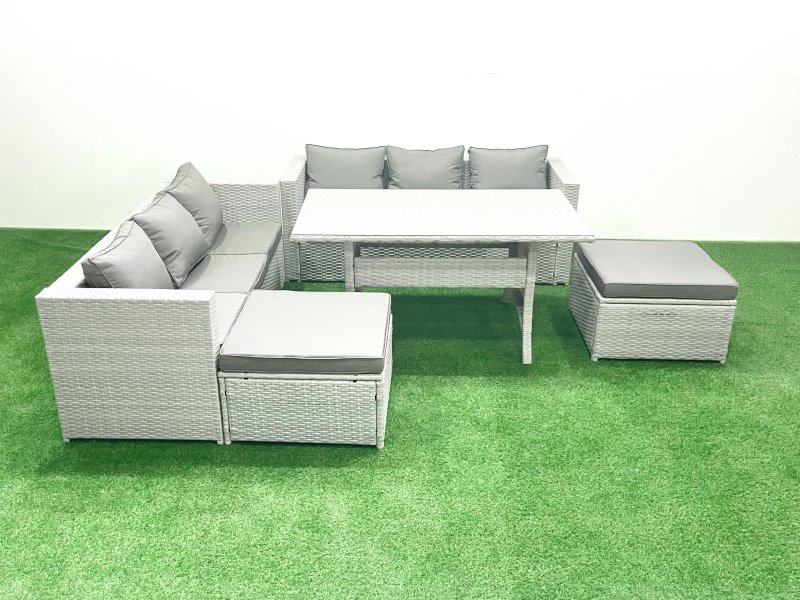 Fimous Rattan Garden Furniture Set 8 Seater Outdoor Sofa Set with Dining Table 2 Big Footstools Light Grey Mixed