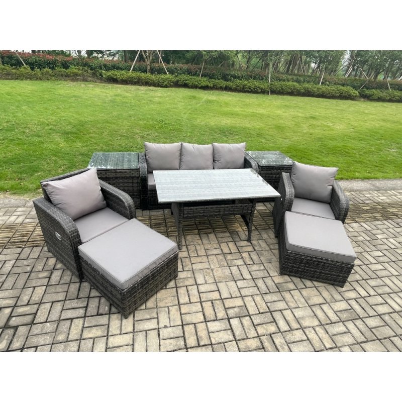 Fimous Rattan Outdoor Garden Furniture Set Rectangular Dining Table and Chair Sofa Set With 2 Side Tables 2 Big Footstool 7 Seater Dark Grey Mixed