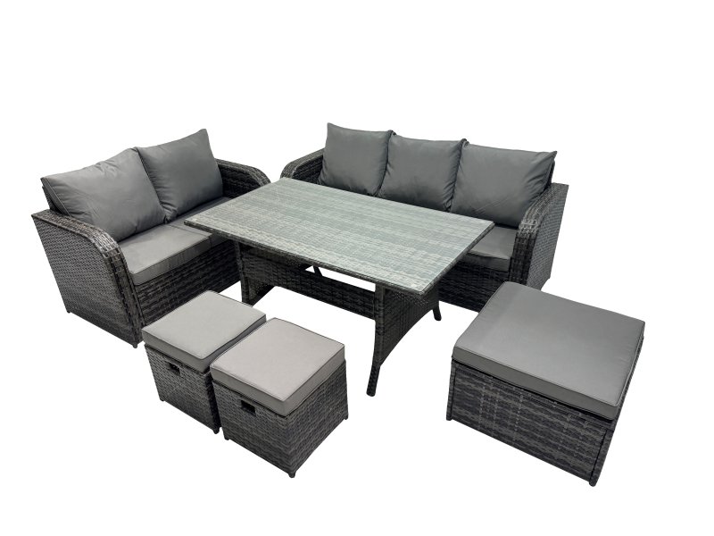 Fimous 8 Seat Outdoor Wicker PE Rattan Garden Furniture Set Dining Table Sofa Sets with 3 Stools Dark Grey Mixed