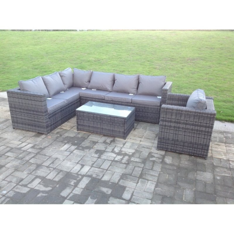 Fimous Dark Grey Mixed PE Rattan Corner Sofa Set Outdoor Garden Furniture Oblong Coffee Table Chair