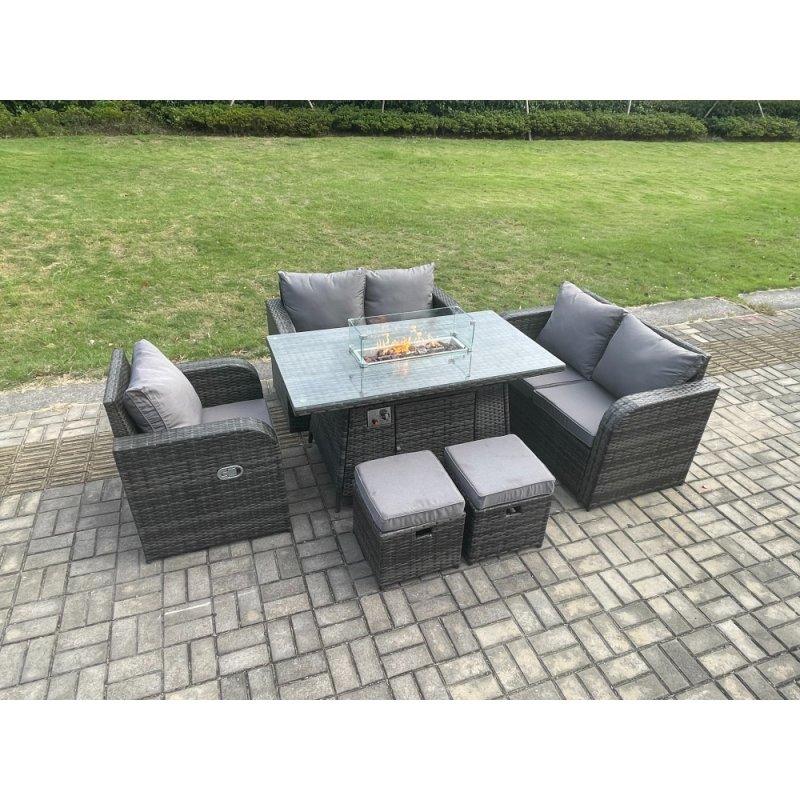 Fimous Rattan Garden Furniture Set with Gas Fire Pit Dining Table,Reclining Chair 2 Small Footstools Indoor Outdoor 6 piece Loveseat Sofa set