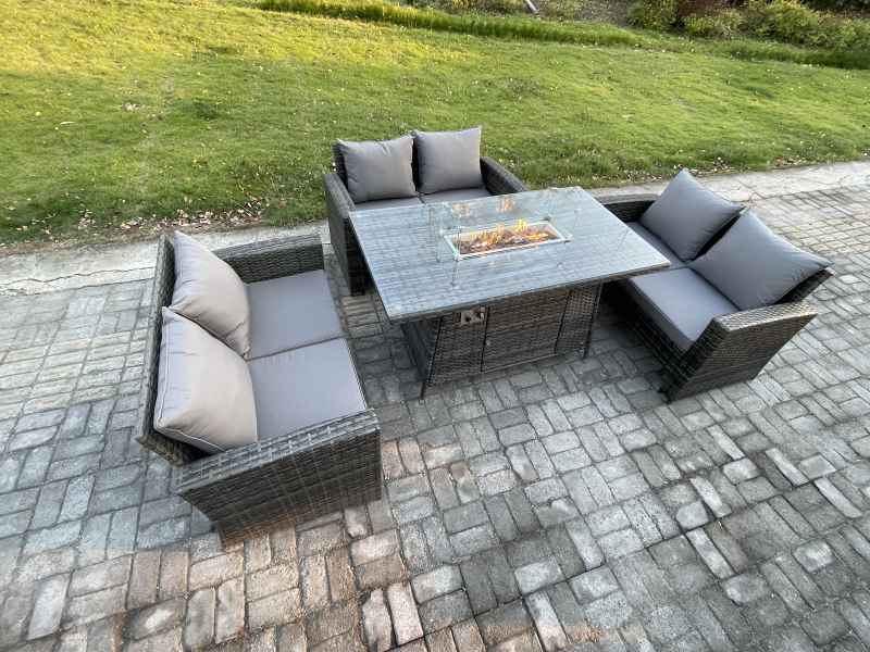 Fimous Outdoor Garden Dining Sets 6 Seater Rattan Patio Furniture Sofa Set with Gas Firepit Table Double Seat Sofa Dark Grey Mixed
