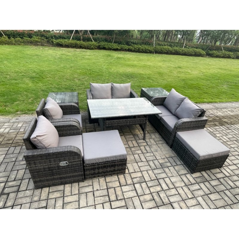 Fimous Outdoor Rattan Garden Furniture 9 piece Grey Patio Furniture Set 8 Seater Lounge Sofa Set with Rectangular Table Reclining Chairs 2 Big Stools 2 Side Tables