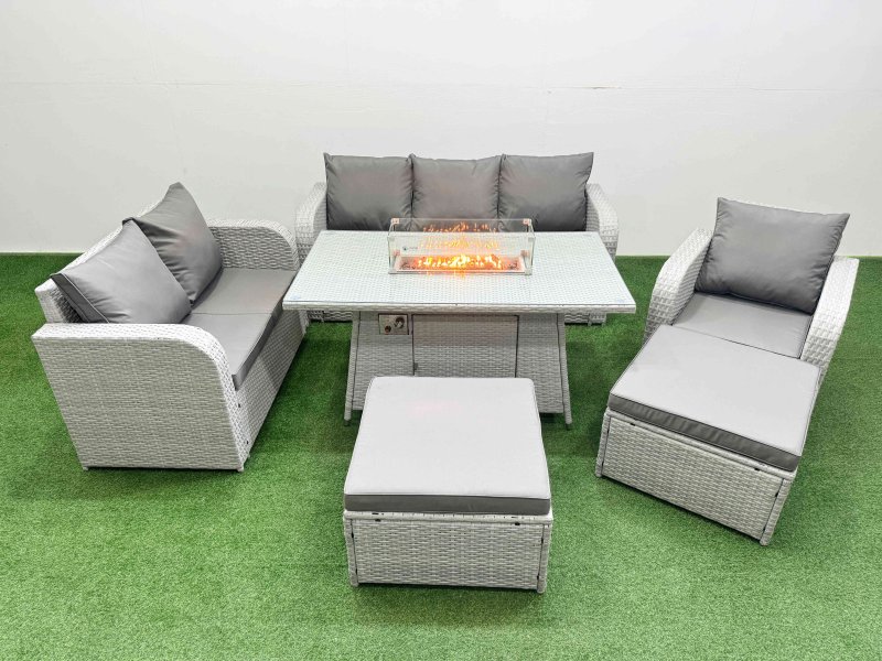 Fimous Patio PE Wicker 8 Seater Outdoor Rattan Furniture Sofa Sets with Firepit Dining Table Reclining Chair Loveseat Sofa 3 Seater Sofa 2 Big Footstools Light Grey