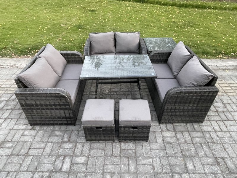 Fimous Rattan Garden Furniture Set 8 Seater Patio Outdoor Love Sofa Set with Rectangular Dining Table Side Table 2 Small Footstools Dark Grey Mixed