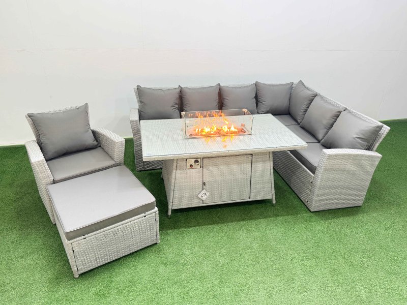 Fimous 8 Seat Rattan Garden Furniture Corner Sofa Set Outdoor Gas Fire Pit Table Set with Big Footstool Light Grey