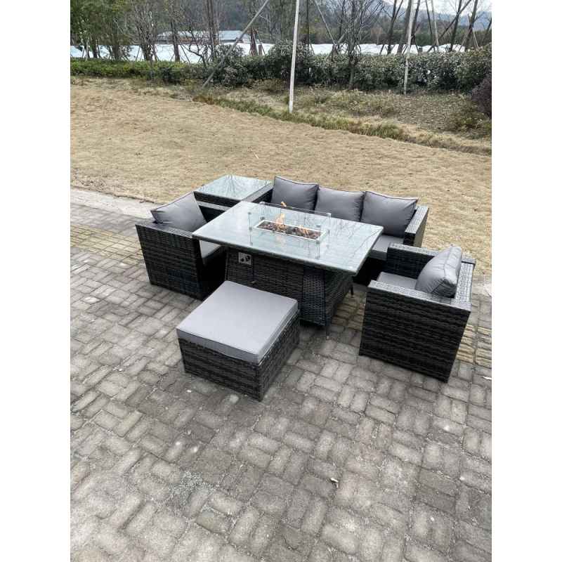 Fimous Outdoor PE Rattan Garden Furniture Gas Fire Pit Dining Table Armchairs With High Side Coffee Table Big Footstool Dark Grey Mixed