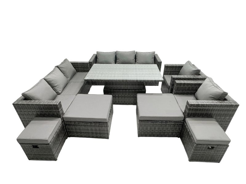 Fimous Rattan Dining Table Sofa Set with 2 Armchair 4 Stools Outdoor 12 Seat Garden Furniture Set Dark Grey Mixed