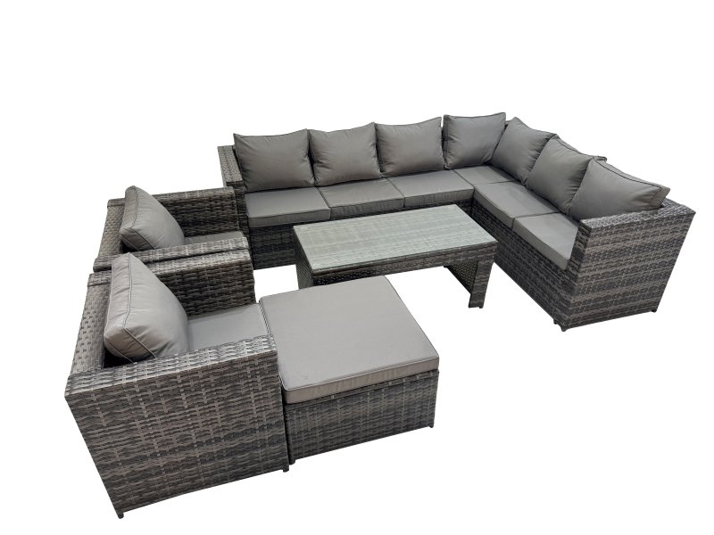 Fimous Outdoor Rattan Oblong Coffee Table Corner Sofa Sets Garden Furniture Set with 2 Chairs Big Stool Dark Grey Mixed