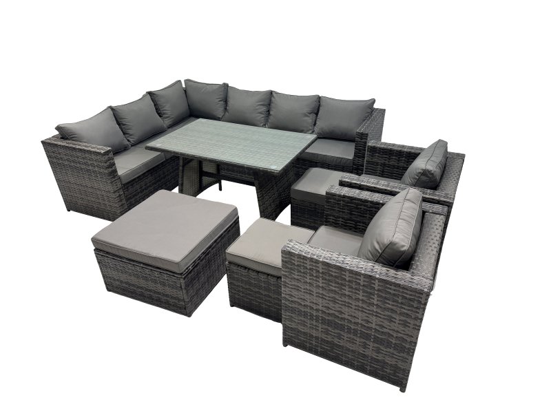 Fimous 11-seater Outdoor PE Rattan Sofa Set with Dining Table Patio Garden Furniture Sets with 2 Chair 3 Stools Dark Grey Mixed