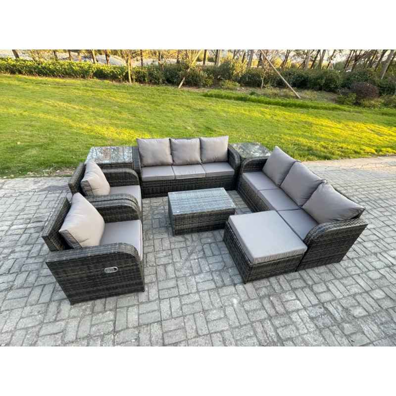 Fimous Rattan Outdoor Garden Furniture Sofa Set Patio Table & Chairs Set with 3 Seater Sofa Reclining Chair 2 Side Table Big Footstool Dark Grey Mixed