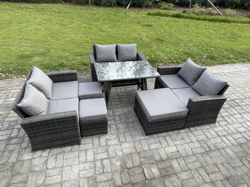 Fimous Outdoor Lounge Sofa Set Wicker PE Rattan Garden Furniture Set with Rectangular Dining Table 2 Seat Sofa 3 Footstools Dark Grey Mixed