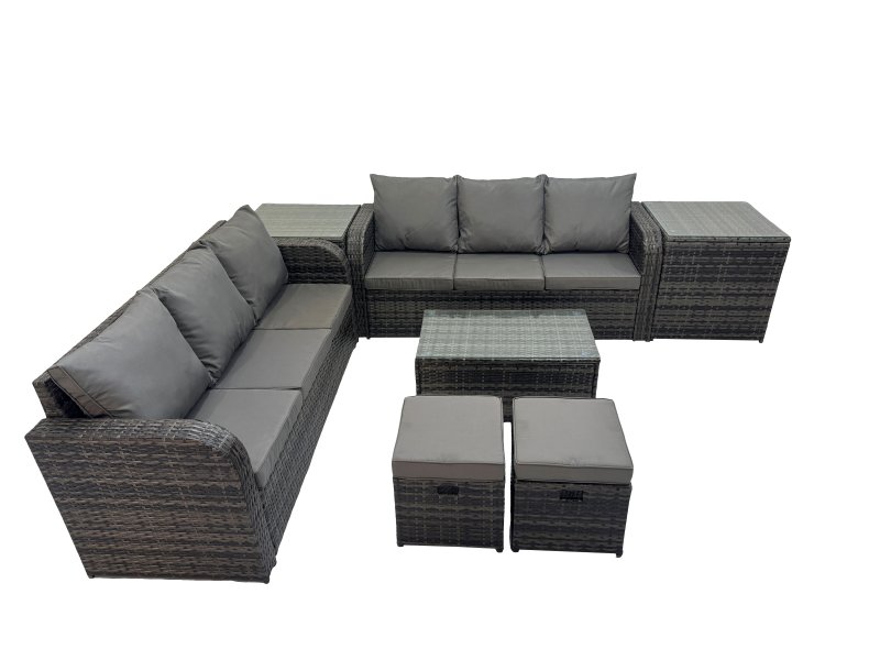 Fimous Outdoor 3 Seater Sofa Coffee Table Set Garden Rattan Furniture Set 8 Seater with 2 Small Stools 2 Side Tables Dark Grey