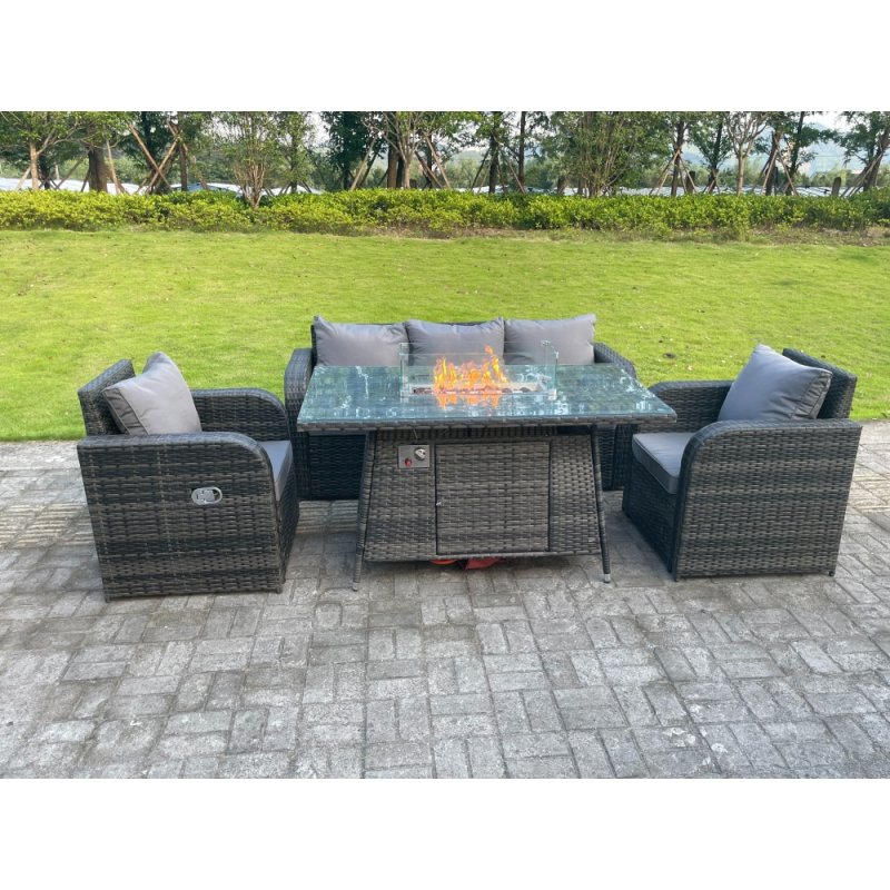 Fimous Dark Mixed Grey Rattan Outdoor Garden Furniture Gas Fire Pit Table Gas Heater Sets Lounge Sofa Reclining Adjustable Chairs 5 Seater