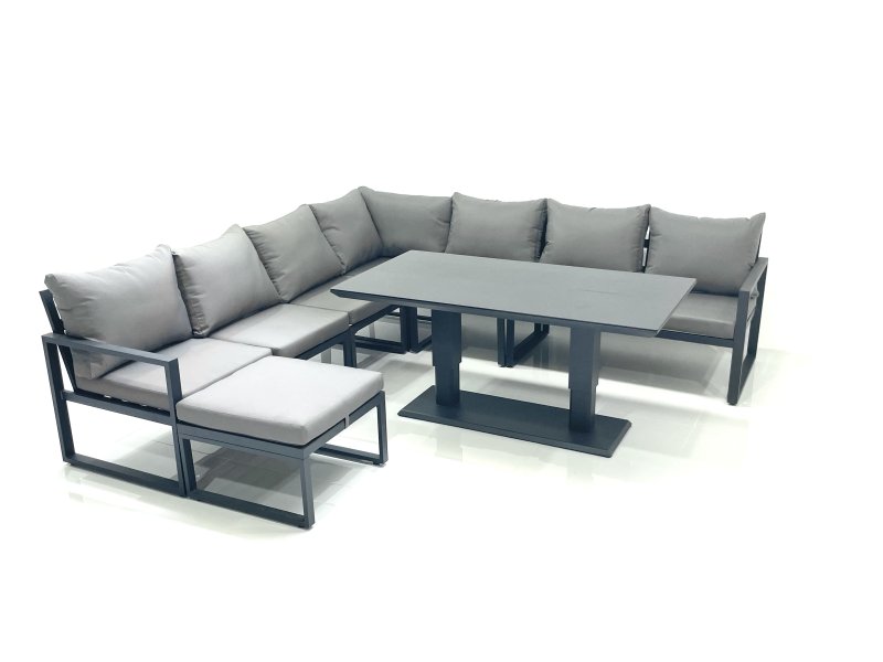 Fimous 8 Seater Outdoor Aluminum Garden Furniture Set Corner Sofa Big Footstool Adjustable Rising Lifting Dining Table Sets Dark Grey