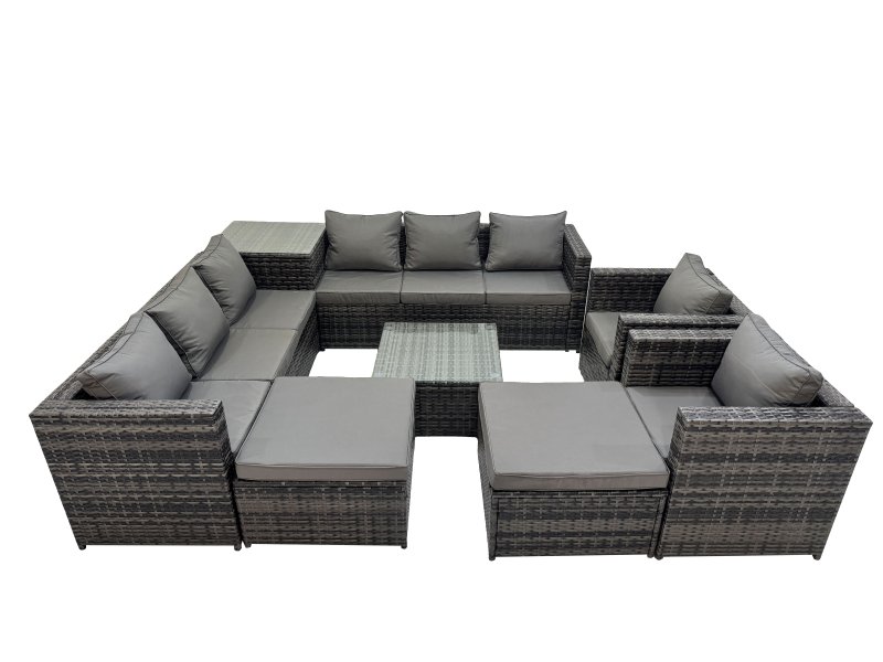 Fimous 10 Seater Garden Outdoor Rattan Furniture Set Patio Corner Sofa Coffee Table with Side Table 2 Big Stool Dark Grey