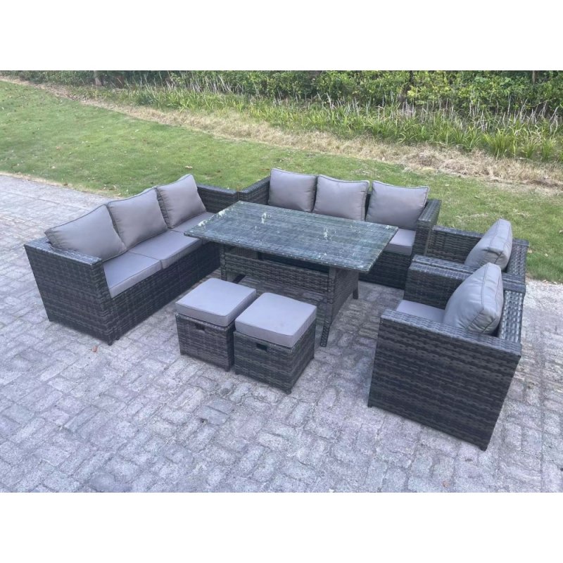 Fimous Outdoor Lounge Sofa Garden Furniture Set Patio Rattan Rectangular Dining Table with 2 Armchair 2 Small Footstools 10 Seater Dark Grey Mixed