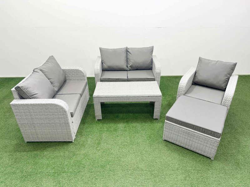Fimous High Back Poly Rattan Garden Furniture Set with Reclining Chair Loveseat Sofa Oblong Coffee Table Indoor Outdoor Patio Set Big Stool Light Grey