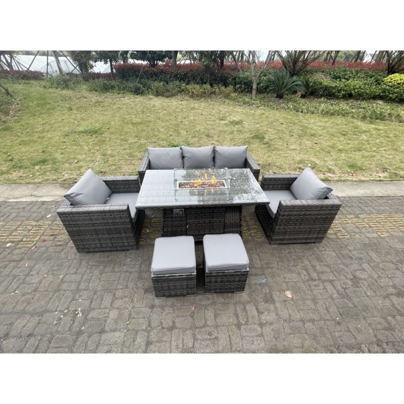 Fimous Outdoor PE Rattan Garden Furniture Gas Fire Pit Dining Table Lounge Sofa 2 PC Armchairs 2 PC Footstools Dark Grey Mixed Patio
