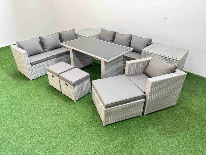 Fimous Patio Garden Furniture Sets with Black Glass Top Dining Table 3 Seater Sofa Armchair 2 Side Tables 3 Stool Light Grey