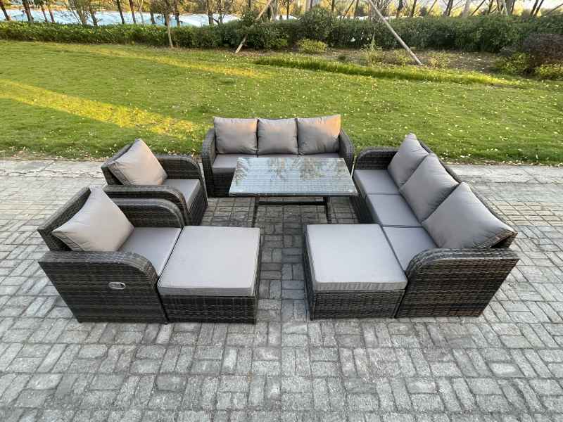 Fimous Rattan Garden Furniture Dining Set 10 seater Patio Rectangular Table 2 Big Footstool Dark Grey Mixed