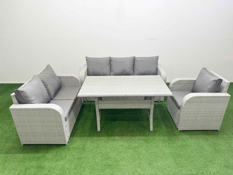 Fimous Patio PE Wicker 6 Seater Outdoor Rattan Furniture Sofa Sets with Rectangular Dining Table Reclining Chair Loveseat Sofa 3 Seater Sofa Light Grey