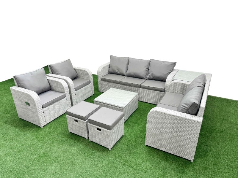 Fimous PE Rattan Garden Furniture Set Adjustable Chair Sofa Double Love Seat 2 Seater Sofa Lounge Set Square Coffee Table 2 Stools Side Table Light Grey