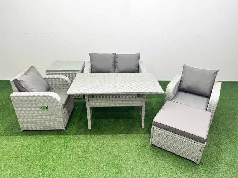 Fimous Light Grey PE Wicker Rattan Garden Furniture Set Sofa Set Reclining Chair Rectangular Dining Table 5 Seater With Footstool Side Table