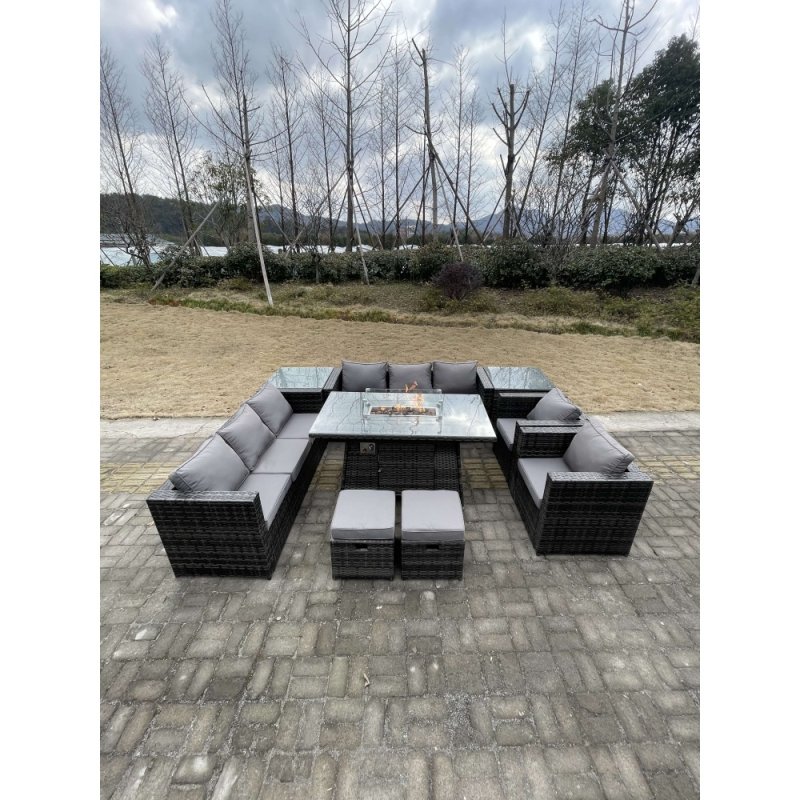 Fimous 10 Seater?Outdoor Lounge Rattan Sofa Set Garden Furniture Gas Firepit Set Heater Dining Table With Chair and 2 Coffee Table Dark Grey Mixed