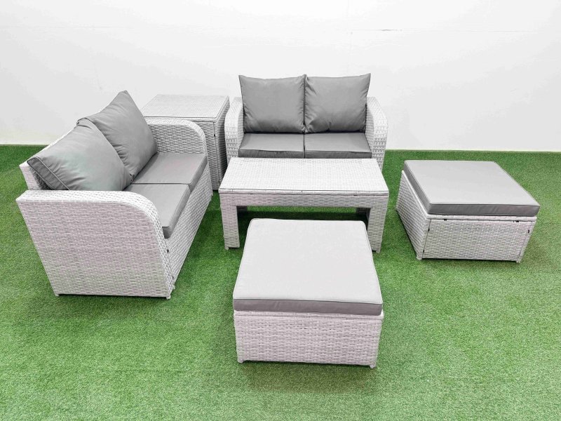 Fimous 6 Seater Outdoor Love Sofa Set Rattan Garden Furniture Set with Oblong Coffee Table 2 Footstool Side Table Light Grey