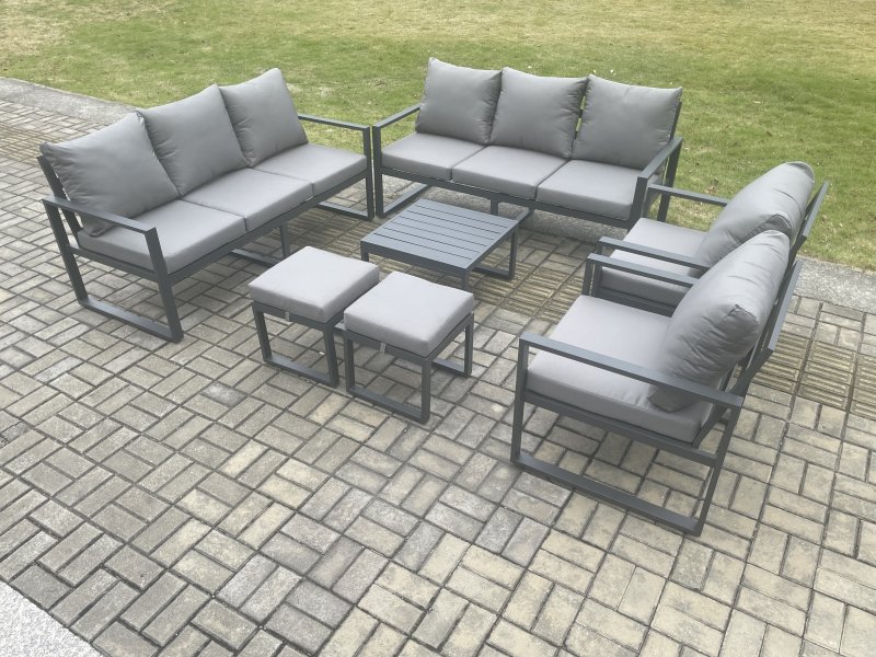 Fimous Aluminium Patio Outdoor Garden Furniture Lounge Sofa Set with Square Coffee Table 2 Chairs 2 Small Footstool Dark Grey