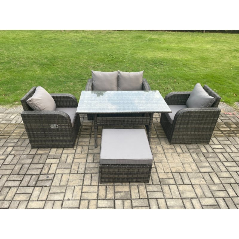 Fimous Outdoor Rattan Garden Furniture Lounge Sofa Set With Oblong Rectangular Dining Table 2 PC Reclining Chair Big Footstool
