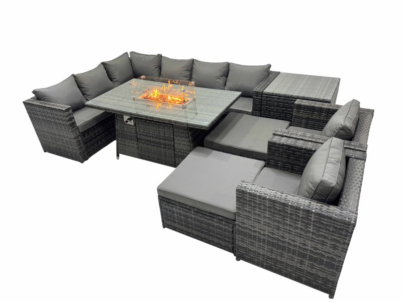 Fimous Rattan Garden Furniture Dining Set 10-seater Gas Firepit Dining Table Corner Sofa Set with 2 Big Stools Side Table Dark Grey Mixed