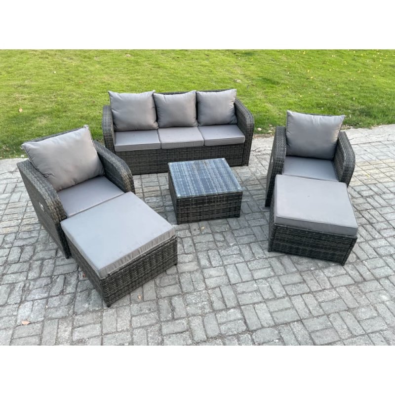 Fimous 7 Seater High Back Rattan Garden Furniture Set with Square Coffee Table 2 Big Footstool Indoor Outdoor Patio Lounge Sofa Set Dark Grey Mixed
