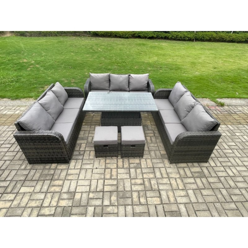 Fimous Patio Garden Dining Set Outdoor Rattan Furniture Lounge Sofa Height Adjustable Rising lifting Table With 2 Small Footstools Dark Grey Mixed