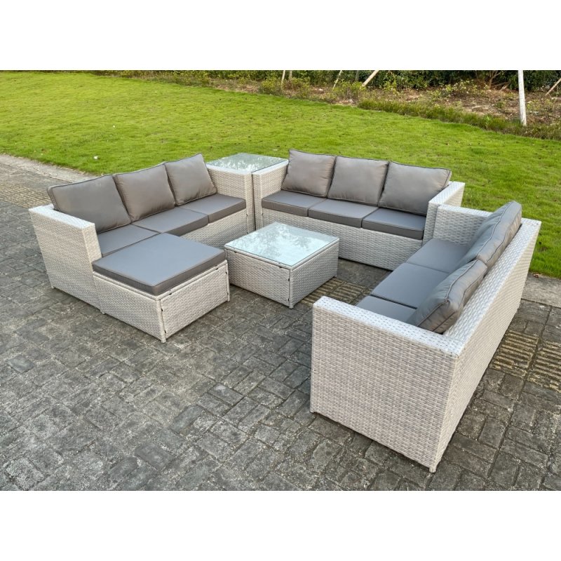 Fimous Light Grey Lounge Outdoor PE Rattan Garden Furniture Set Wicker Sofa Set Square Coffee Table Side Table Footstool