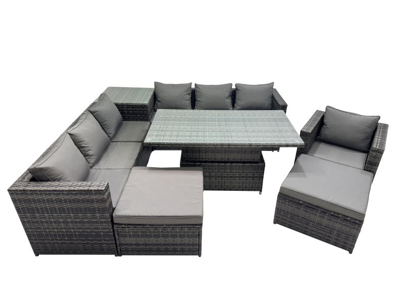 Fimous 9 Seater Outdoor Corner Sofa Height Adjustable Rising Lifting Table Set Garden Rattan Furniture Set with Side Table 2 Big Stool Dark Grey