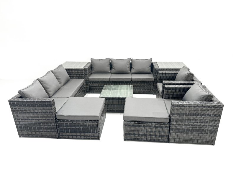 Fimous Outdoor Rattan Garden Furniture Set 10 Seater Patio Lounge Sofa Set with Armchair Square Coffee Table 2 Side Tables 2 Big Footstool Dark Grey Mixed