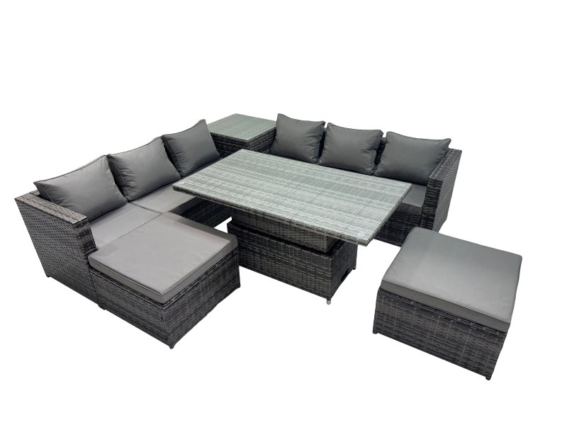 Fimous 8 Seater Outdoor Corner Sofa Height Adjustable Rising Lifting Table Set Garden Rattan Furniture Set with 2 Big Stools Side Table Dark Grey