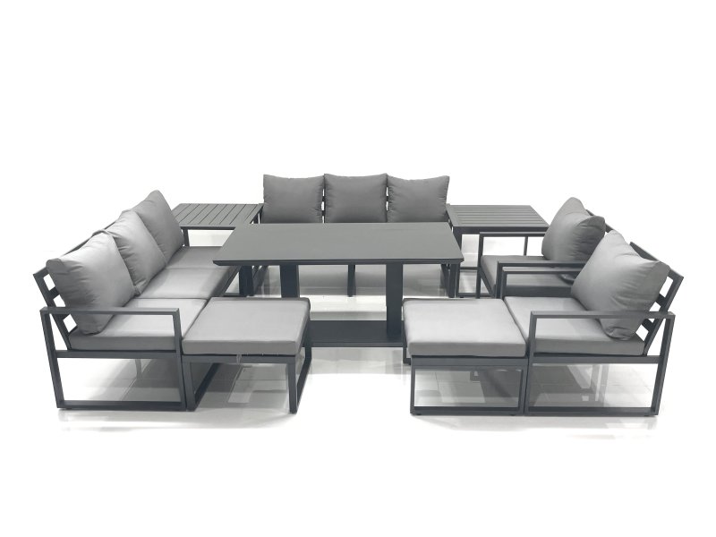 Fimous Garden Sofa Set Aluminium Furniture Rising Dining Tabe Set with 2 Chair 2 Big Footstools 2 Side Table Dark Grey