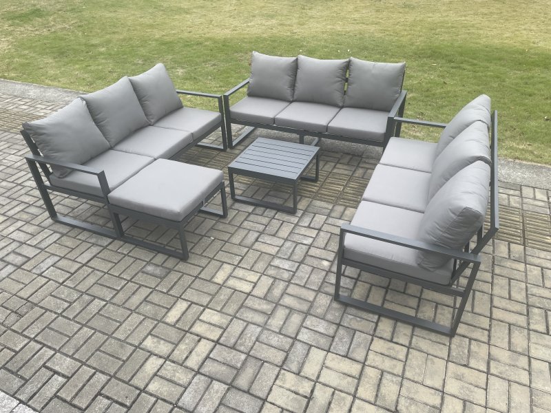 Fimous Aluminium 10 Seater Outdoor Garden Furniture Set Patio Lounge Sofa with Square Coffee Table Big Footstool Conservatory Set Dark Grey