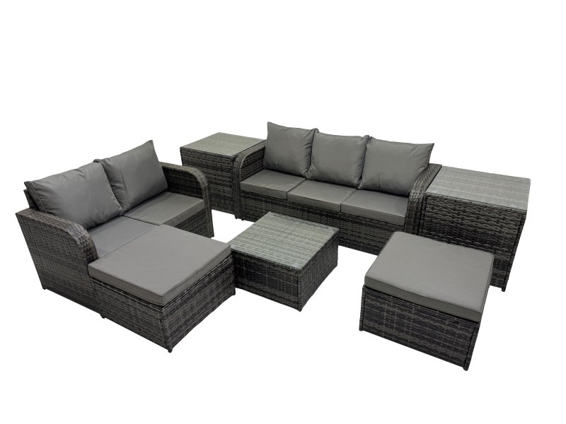 Fimous Wicker PE Rattan Garden Outdoor Furniture Set Love Sofa Square Coffee Table Set with 2 Big Stools 2 Side Tables Dark Grey Mixed