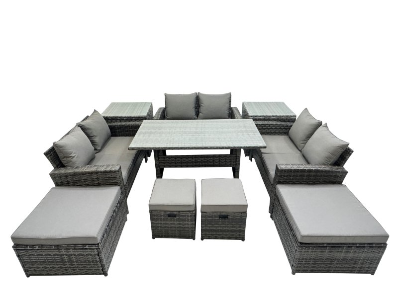 Fimous 10 Seater Wicker PE Rattan Furniture Outdoor Dining Table Double Seat Sofa 2 Side Tables 4 Stools Set Dark Grey Mixed