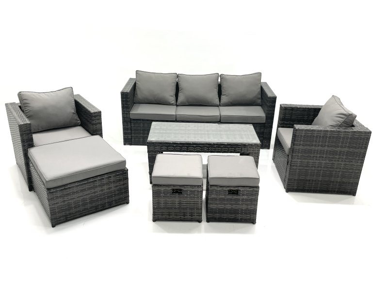 Fimous 8 Seater Rattan Garden Furniture Set Outdoor Lounger Sofa with Coffee Table 2 Armchair 3 Footstools Dark Grey Mixed
