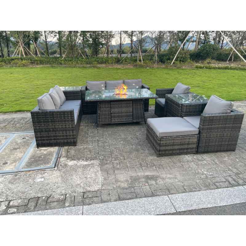 Fimous Outdoor Rattan Garden Furniture Gas Fire Pit Dining Table Sets Gas Heater Lounge Chairs Side Tables Dark Mixed Grey 9 Seater