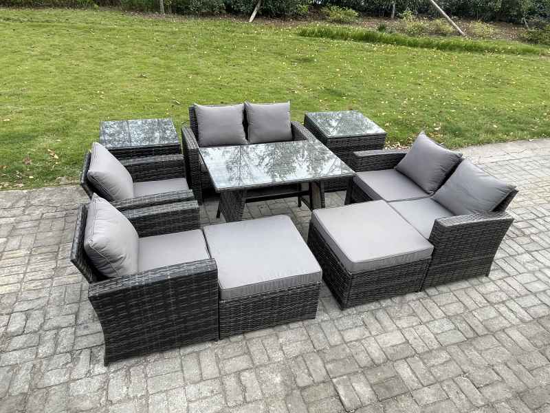 Fimous Garden Furniture Sets 9 Pieces Wicker Rattan Furniture Manual Wicker Patio Sofa Patio Conversation Set with 2 Big Footstool 2 Side Tables Dark Grey Mixed