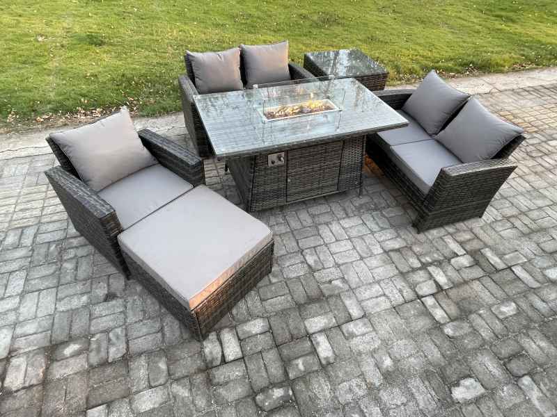 Fimous Rattan Outdoor Garden Furniture Gas Fire Pit Table Sets Gas Heater with Love Sofa Armchair Big Footstool Side Table 6 Seater Dark Mixed Grey