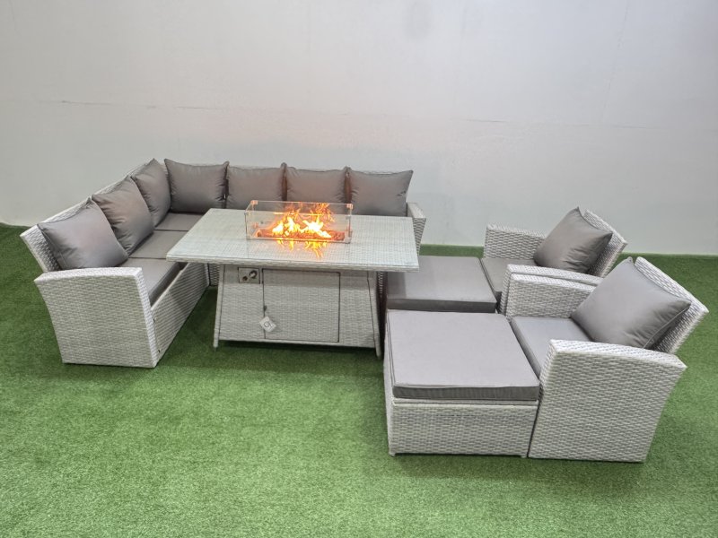 Fimous Outdoor Furniture Garden Dining Set Rattan Corner Sofa Chair Sets Gas Fire Pit Table with Temper Glass Footstools 10 Seater Light Grey Mixed