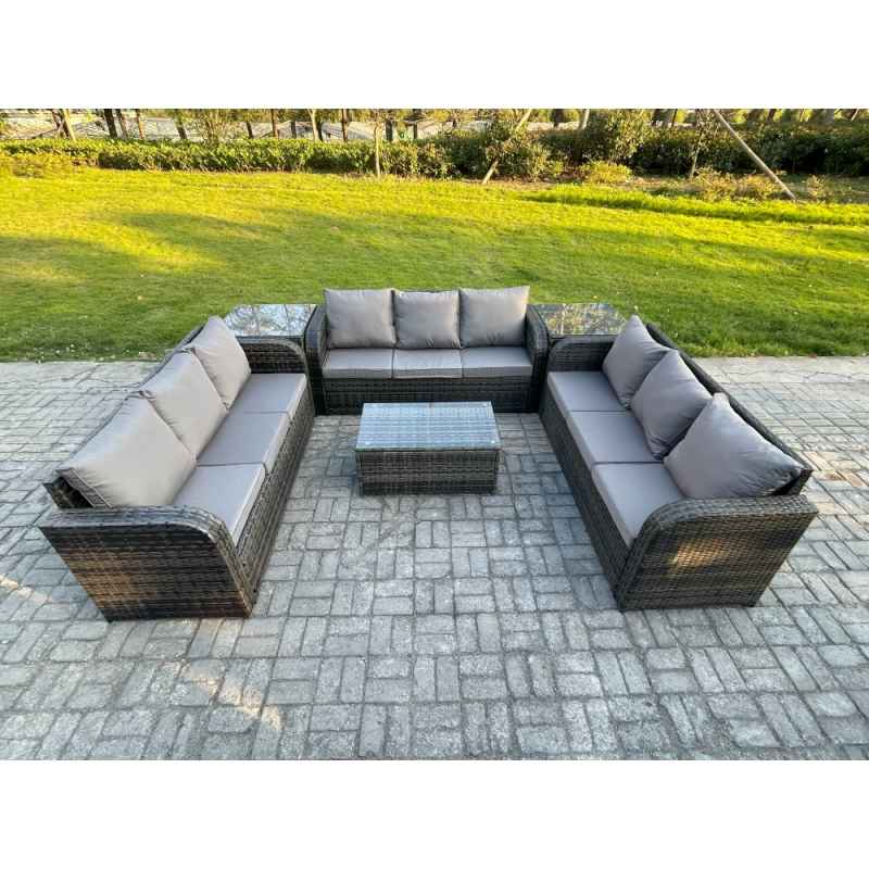 Fimous Rattan Lounge Sofa Set 9 Seater Outdoor Garden Furniture Set with Rectangular Coffee Table 3 Seater Sofa 2 Side Tables Dark Grey Mixed