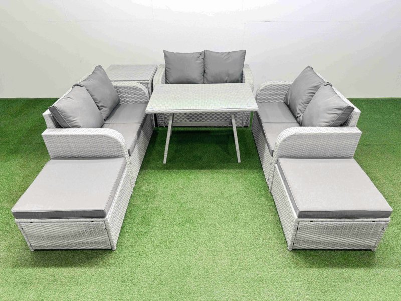 Fimous Rattan Garden Furniture Dining Set 8-seater Patio Rectangular Table Love Sofa Set with Side Table 2 Big Stools